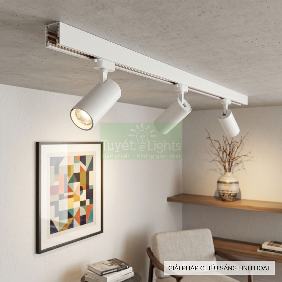 Đèn rọi ray trắng Tuyết Lights chiếu sáng tranh treo tường trong phòng khách hiện đại